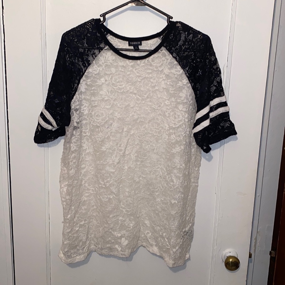 torrid floral lace football tee top with stripes